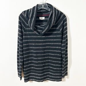 Lou & Grey Black and Gray Striped Cowl Neck Sweater Top Cuffed Sleeves and Waist